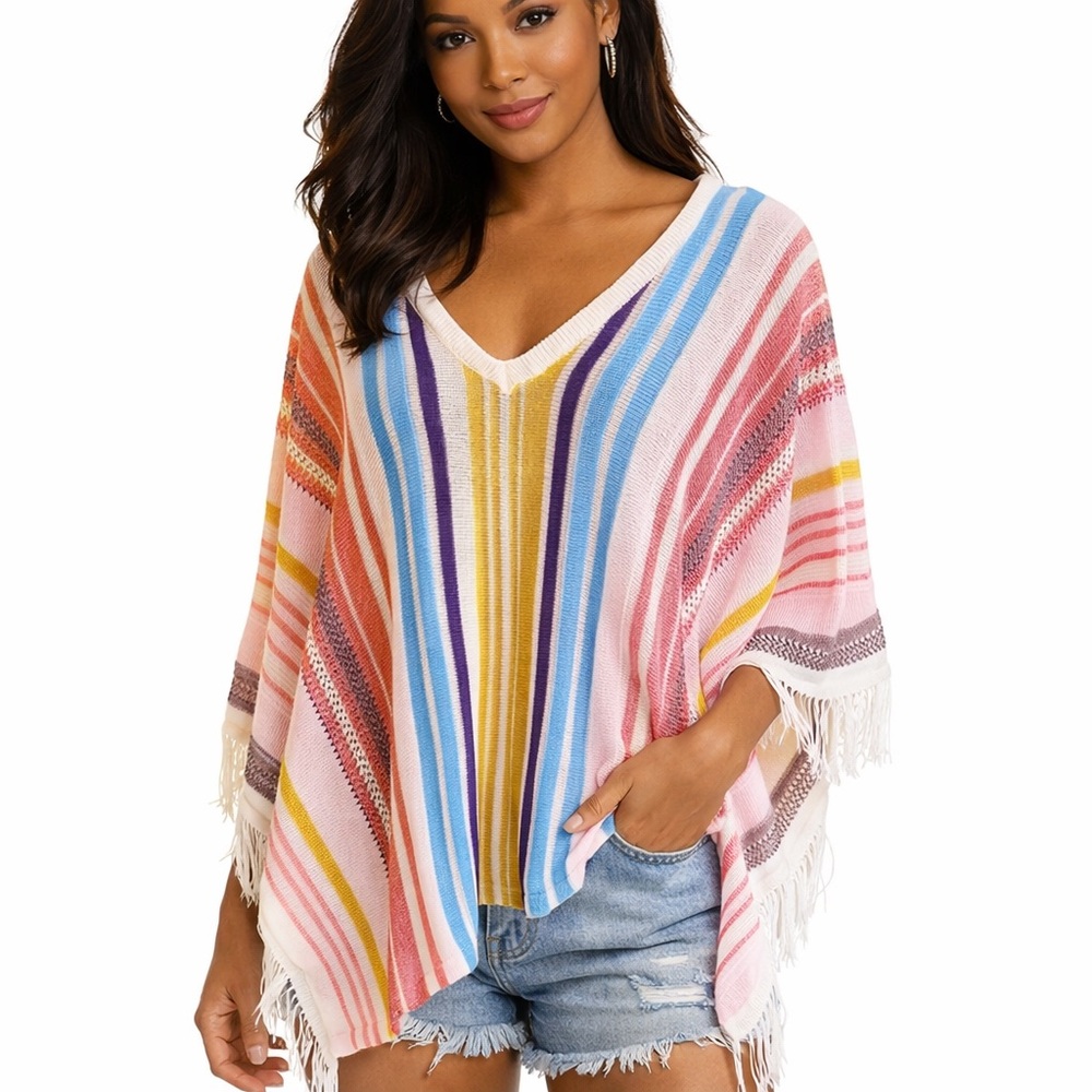 Cupshe Boho Striped Knit Fringe Poncho Sweater | Beach Coverup One Size